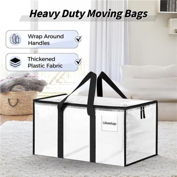 8 Pack Extra Large Heavy Duty Moving Bags, Clear Storage Bins with Lids, - Picture 3 of 8